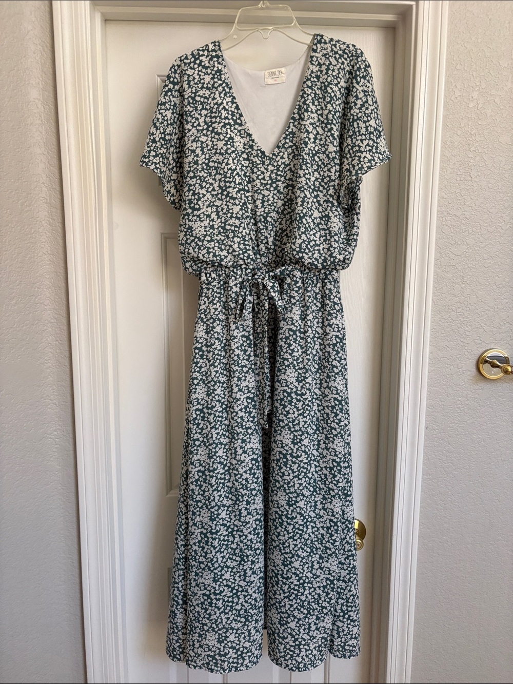 Green and White Floral Maxi Dress with Tie Waist